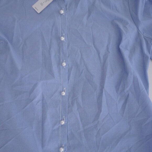 Chico's Blue White Stripe Lace Balloon Sleeve Button Up Cotton Blend Shirt 1P - Picture 5 of 12